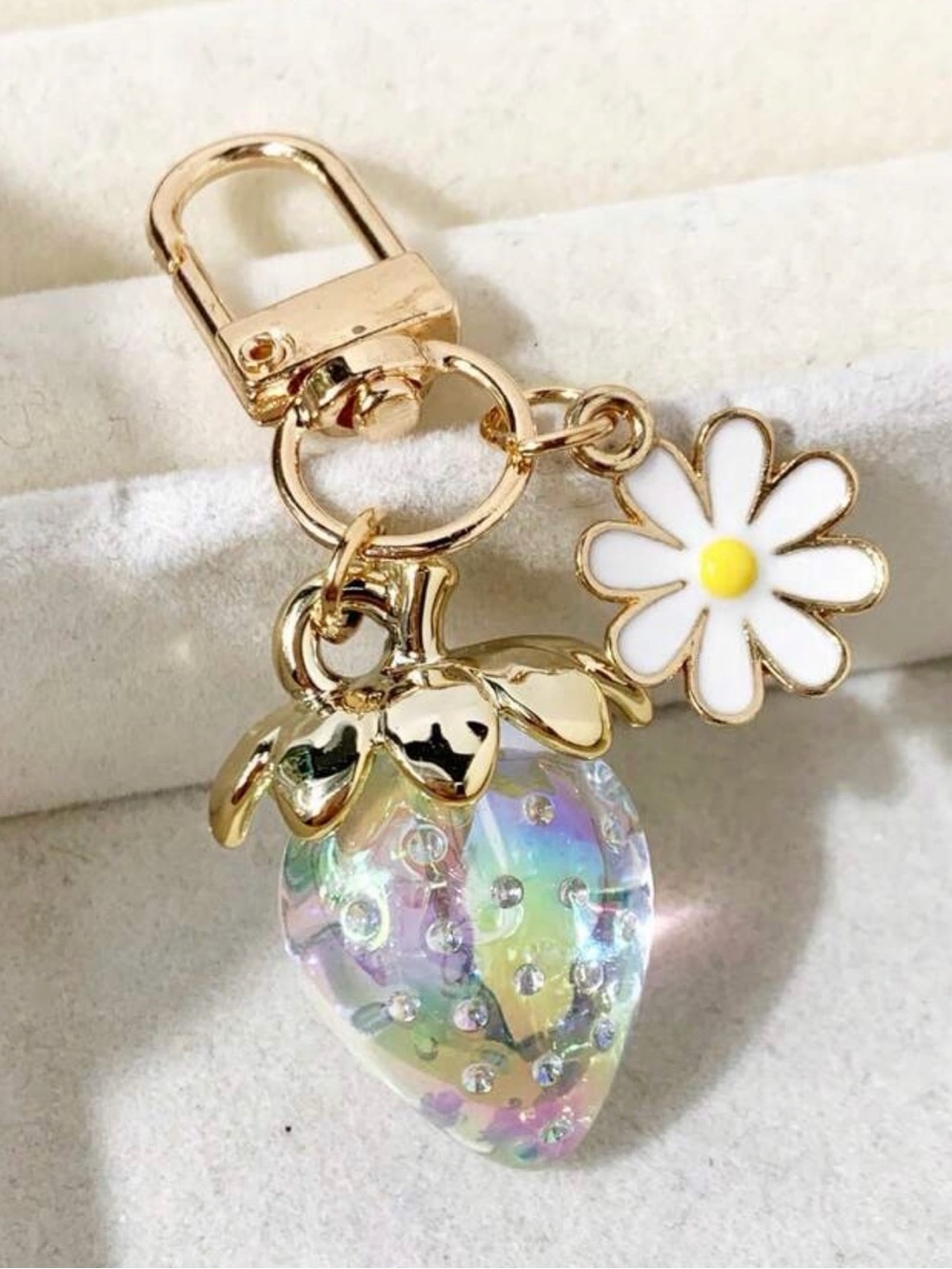 Gold Daisy & Iridescent Strawberry Keychain Charm